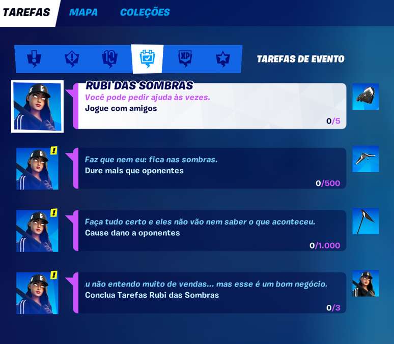 Fortnite - Tarefas da Rubi das Sombras