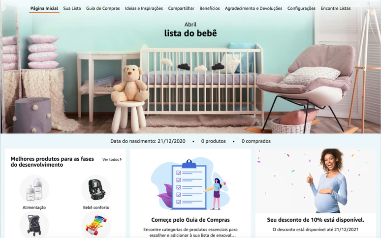 Print do site da Amazon Lista do bebê