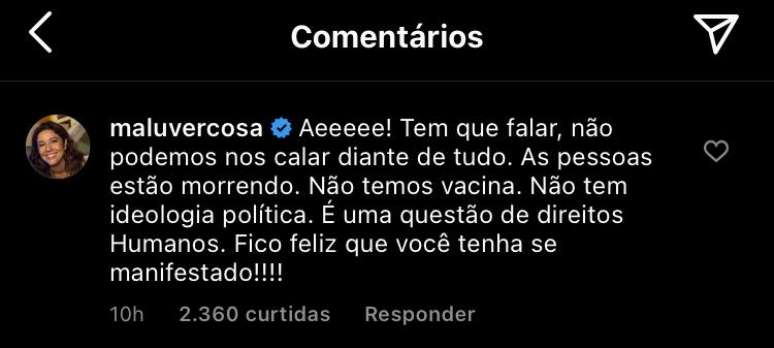 Malu Vercosa, esposa de Daniela Mercury também deixou seu manifesto. Crédio: Instagram/@claudialeitte