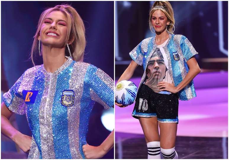 A Miss Argentina homenageou Diego Maradona, morto em novembro de 2020, na prova de traje t&iacute;pico no Miss Universo