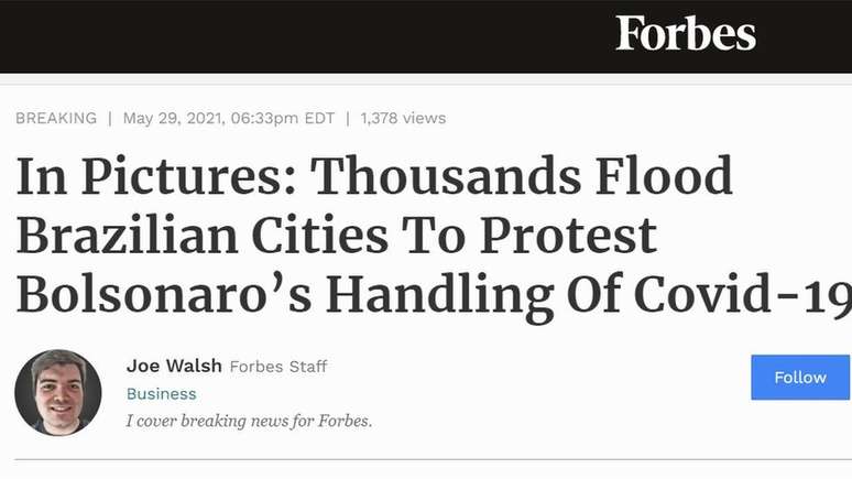 Forbes: 'Milhares inundam cidades brasileiras para protestar contra condu&ccedil;&atilde;o de Bolsonaro'