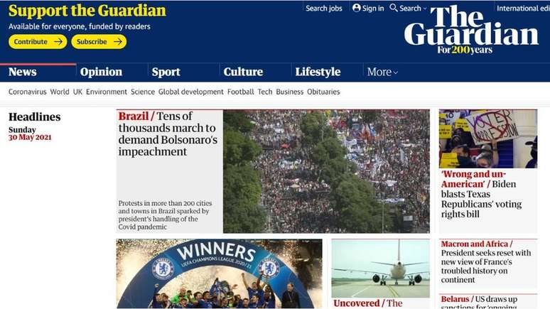O jornal brit&acirc;nico The Guardian destacou a manifesta&ccedil;&atilde;o como not&iacute;cia principal do seu site