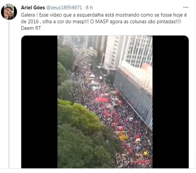 Apoiadores do governo disseram que imagens registradas do ato na Paulista em 29 de maio seriam na verdade de manifesta&ccedil;&atilde;o pr&oacute;-Dilma em 2016; a informa&ccedil;&atilde;o est&aacute; incorreta