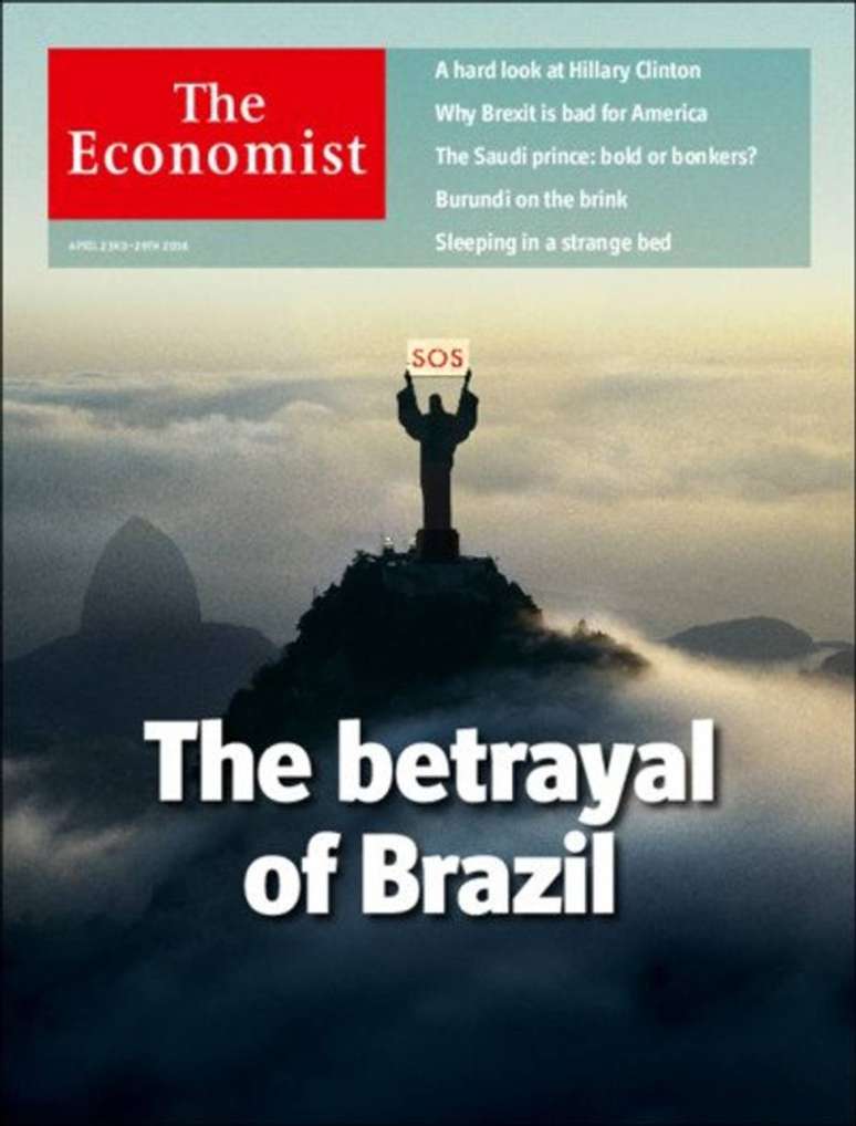 Em capa de 2014, The Economist colocou na capa o Cristo Redentor com uma placa de socorro SOS