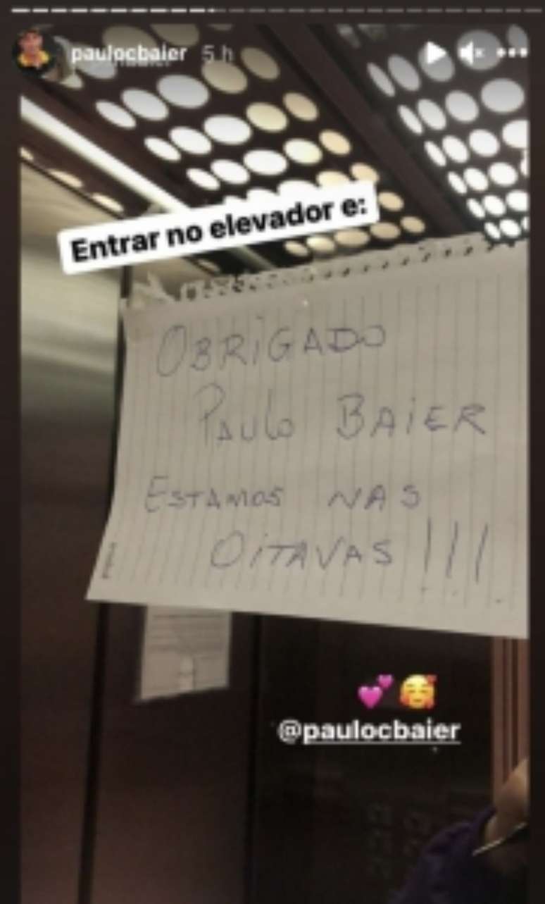 Mensagem de vizinho de Paulo Baier agradecendo ao técnico pela classificação (Reprodução / Instagram)