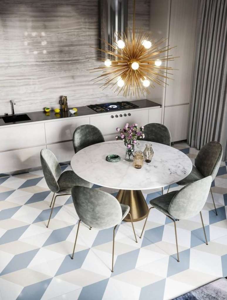 33. Cozinha moderna com mesa de jantar cone redonda marmorizada – Foto Danthree