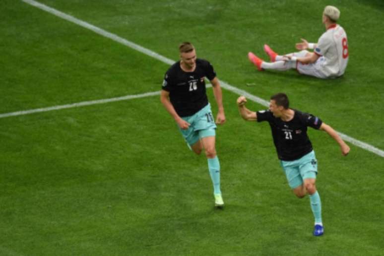 Lainer fez seu segundo gol pela seleção austríaca (Foto: MIHAI BARBU / POOL / AFP)