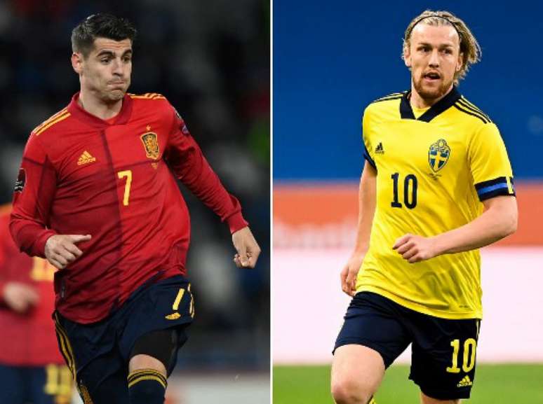 Morata e Forsberg são bons nomes de Espanha e Suécia (Foto: JONATHAN NACKSTRAND, KIRILL KUDRYAVTSEV / AFP)