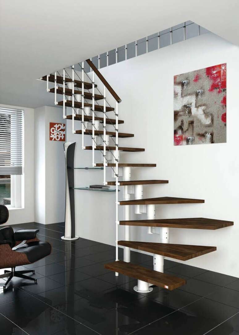 17. Decoração clean com escada de ferro interna branca com degraus de madeira – Foto: All Architecture Designs