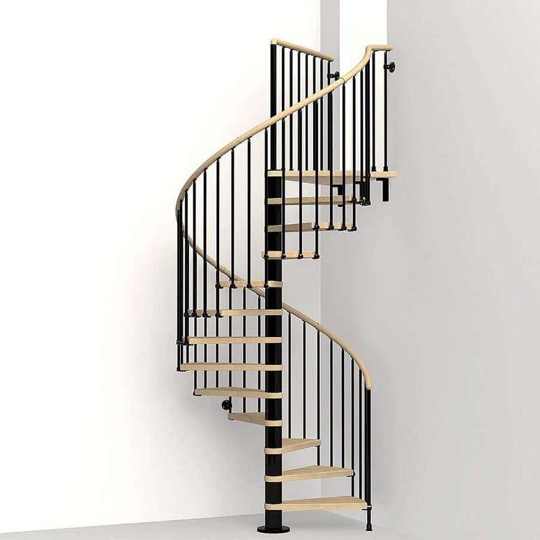 10. Decoração clean com escada caracol interna de ferro e madeira – Foto: Home Fashion Trend
