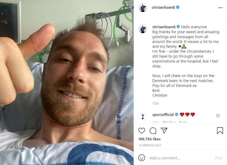 Eriksen, em hospital em Copenhague
 15/6/2021 Danish Football Association/via REUTERS 