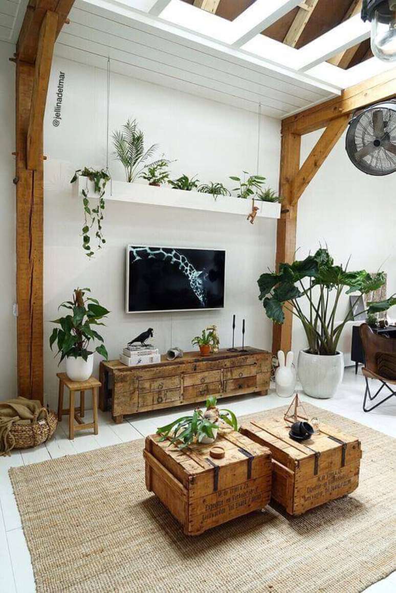 1. Rack rustico para sala de estar aconchegante com móveis de madeira e vasos de plantas – Foto Jellina detmar
