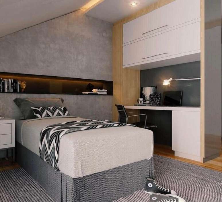 60. Tons de cinza para quarto de homem decorado com móveis planejados – Foto: Home Fashion Trend