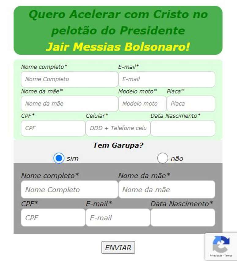 Organizadores pediam, em site, dados como nome completo e e-mail de interessados em participar da motociata