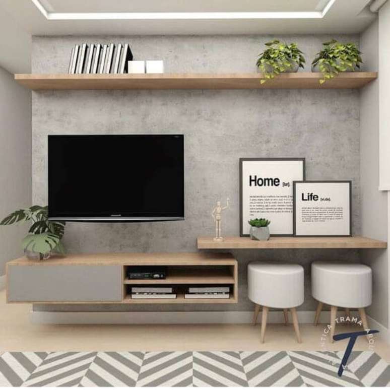 24. Tapete chevron cinza e branco para sala de TV – Foto Video Ware