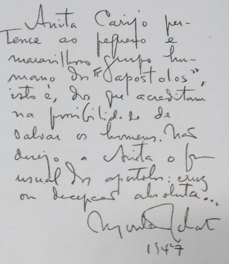 'Não desejo a Anita o fim usual dos apóstolos — cruz ou decepção absoluta', sentenciou Monteiro Lobato em 1947. O manuscrito aparece no livro A Mulher no Século XX, que Anita lançaria dois anos depois