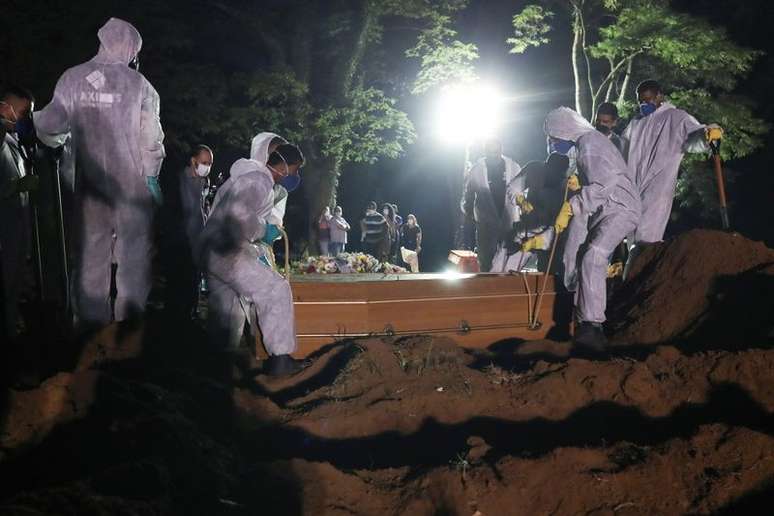 Coveiros com trajes de proteção fazem o sepultamento noturno no cemitério de Vila Formosa, em São Paulo
25/03/2021
REUTERS/Amanda Perobelli