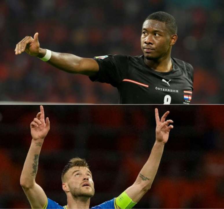 Alaba, da Áustria, e Yarmolenko, da Ucrânia, são destaques de suas seleções (Foto: PETER DEJONG / POOL / AFP)