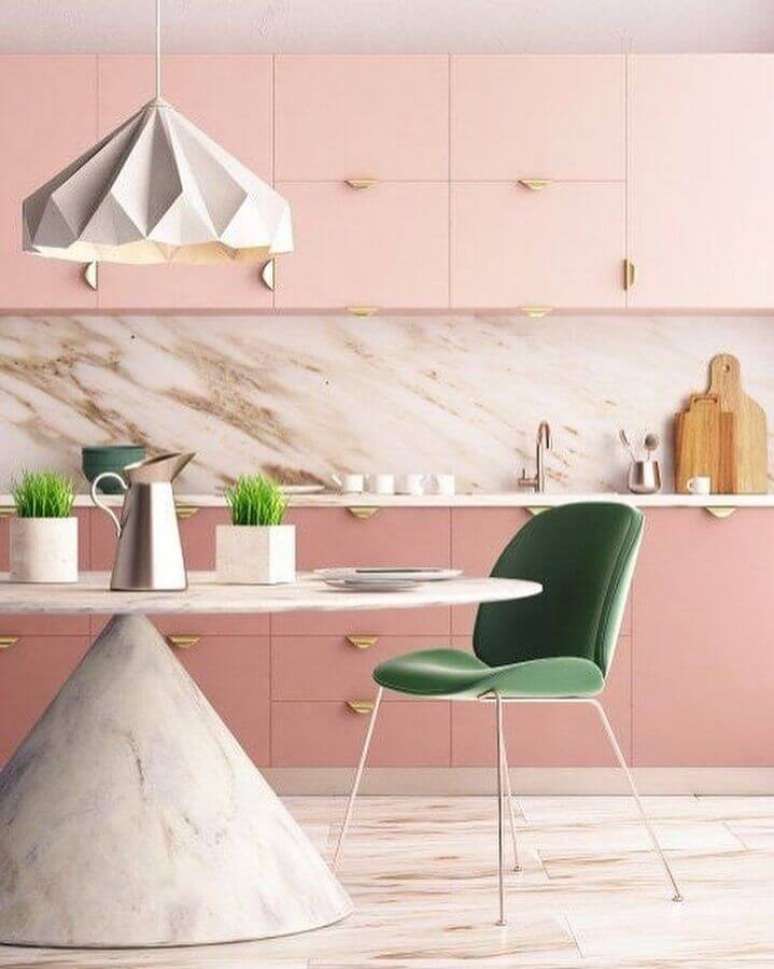 50. Decoração de cozinha rosa moderna em cores pastéis – Foto: ViralDeco