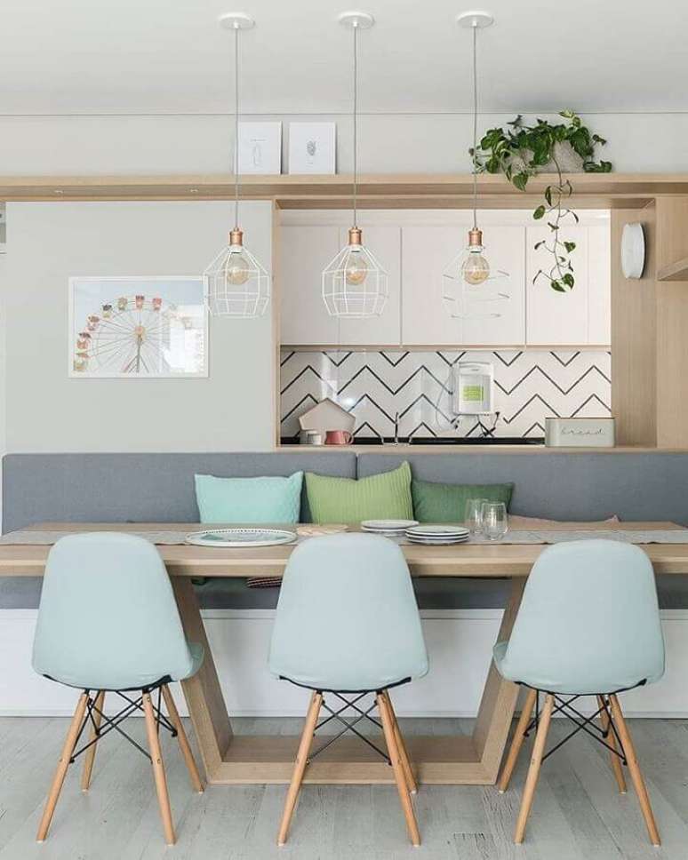 63. Sala de jantar moderna decorada em cores tons pastéis – Foto: Dicas de Mulher