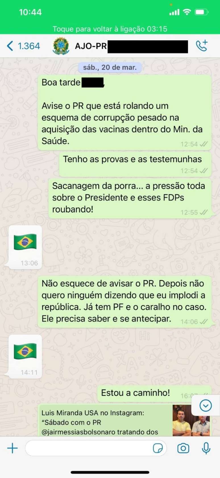 Troca de mensagens entre o deputado Luis Miranda e ajudante de ordem do presidente Jair Bolsonaro