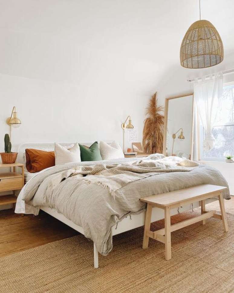 38. Quarto minimalista com decora&ccedil;&atilde;o Boho &ndash; Foto Pinterest