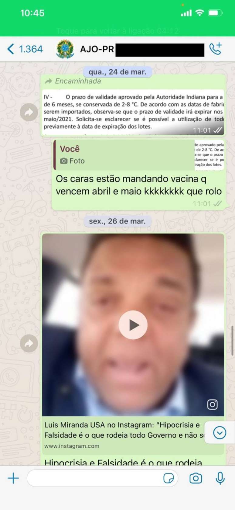 Troca de mensagens entre o deputado Luis Miranda e ajudante de ordem do presidente Jair Bolsonaro