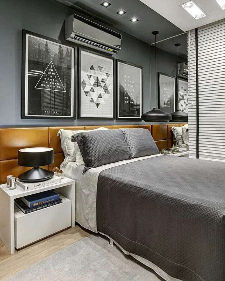 20. Ideias para decorar quarto cinza moderno com cabeceira de couro – Foto: Futurist Architecture