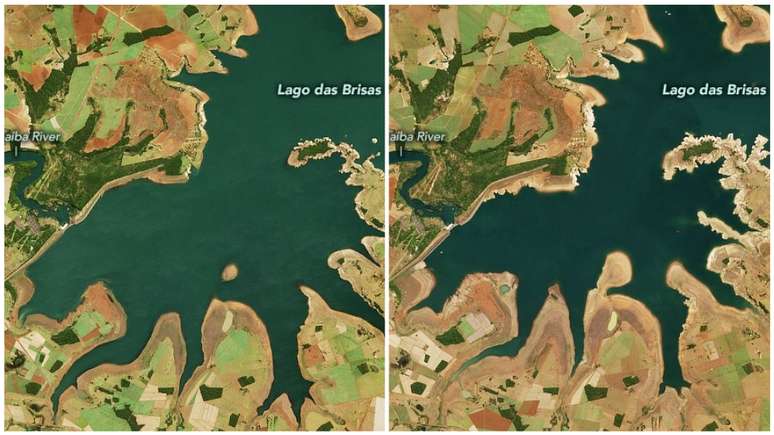 Compara&ccedil;&atilde;o mostra impacto da seca no Lago das Brisas: imagem &agrave; esquerda foi registrada em 12 de junho de 2019 e imagem &agrave; direita, em 17 de junho deste ano