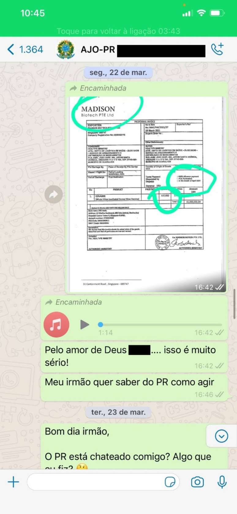 Troca de mensagens entre o deputado Luis Miranda e ajudante de ordem do presidente Jair Bolsonaro