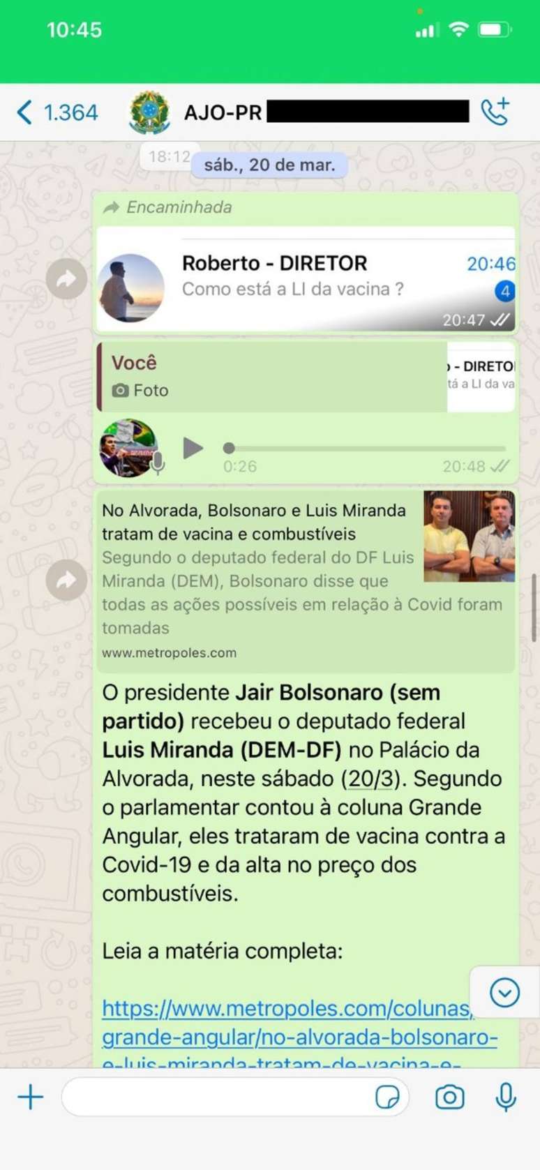 Troca de mensagens entre o deputado Luis Miranda e ajudante de ordem do presidente Jair Bolsonaro