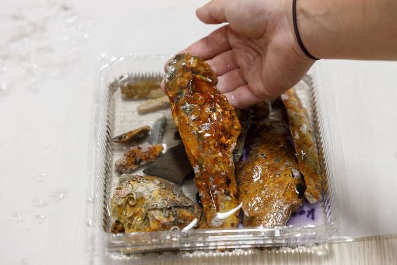 Estudante da Universidade de Zadar mostra itens encontrados no assentamento de Korcula, na Cro&aacute;cia
18/06/2021
REUTERS/Antonio Bronic