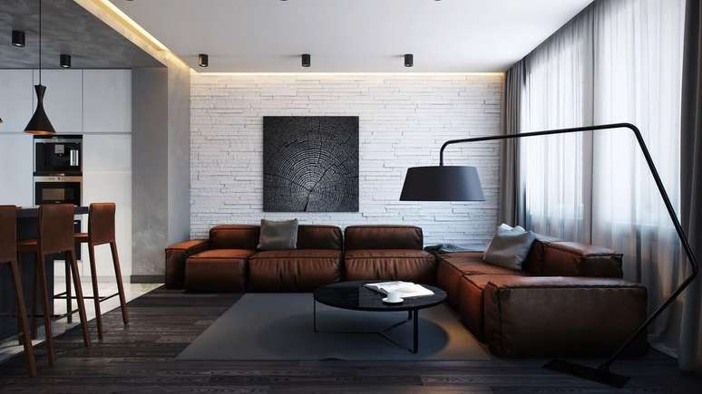 74. Sala de estar com tons de marrom e cinza super moderna – Foto Pinterest