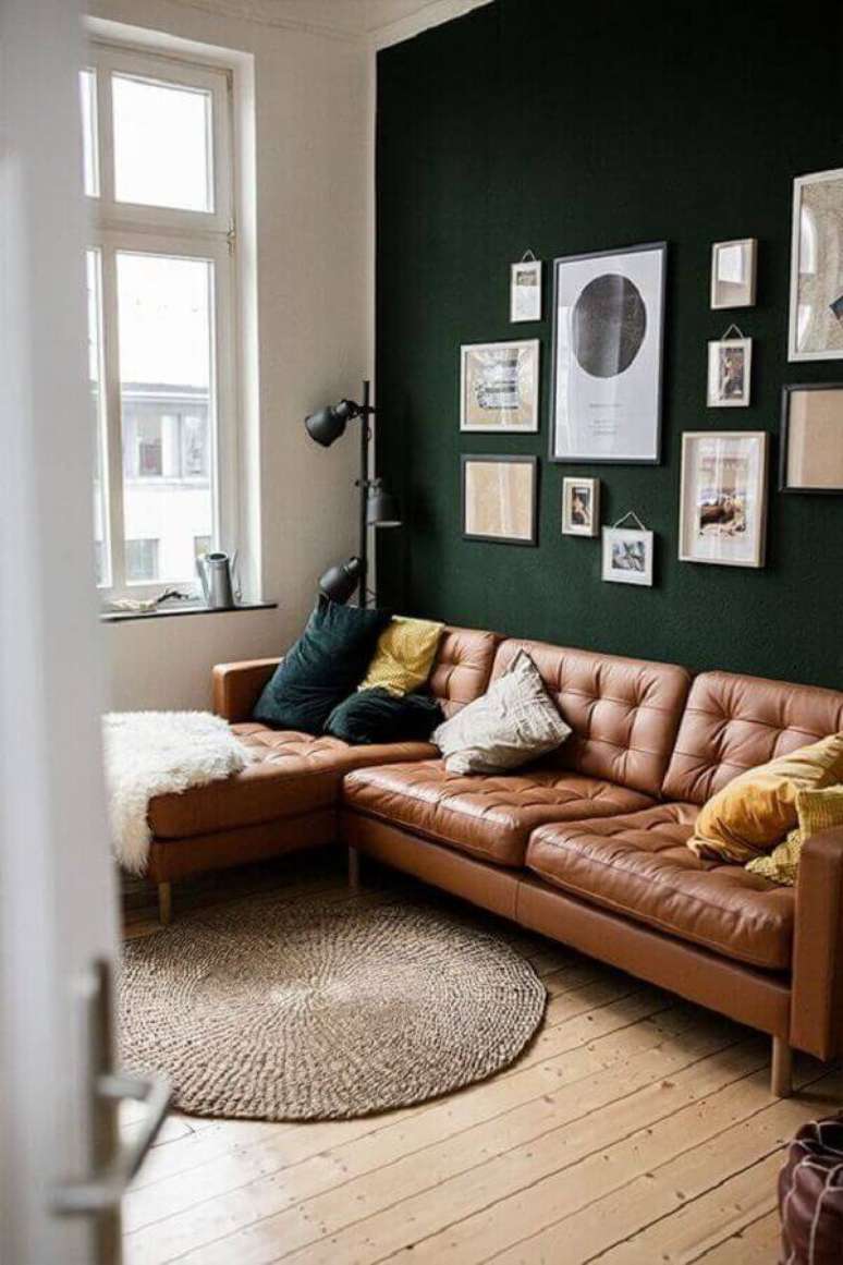 57. Parede verde escuro com sofa de tons marrom e tapete combinando – Foto Archilovers