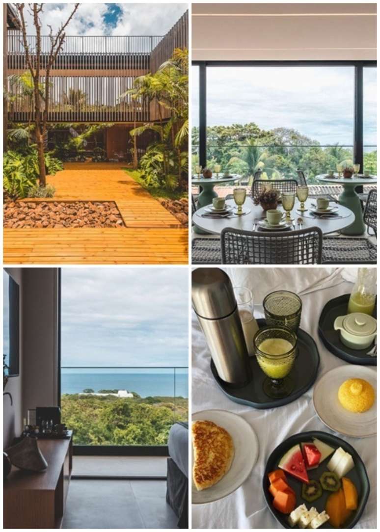 Jardim interno, restaurante com vista, suíte aberta ao mar e o café da manhã servido na cama da hóspede Bruna Marquezine