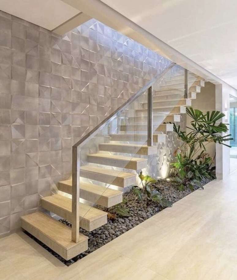 43. Porcelanato 3D branco na escada &ndash; Foto Pinterest