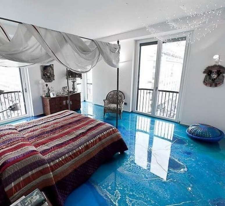 25. Quarto com piso porcelanato 3D azul &ndash; Foto Piso Decorativo 3D