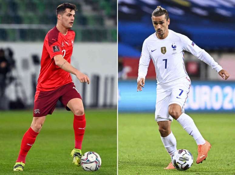 Xhaka e Griezmann são grandes nomes das duas equipes (Foto: JONATHAN NACKSTRAND, FABRICE COFFRINI / AFP)