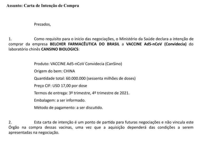 Carta de intenção de compra por parte do Ministério da Saúde para 60 milhões de doses, ao preço de US$ 17,00 por dose, da Convidecia, produzida pelo laboratório chinês CanSino.