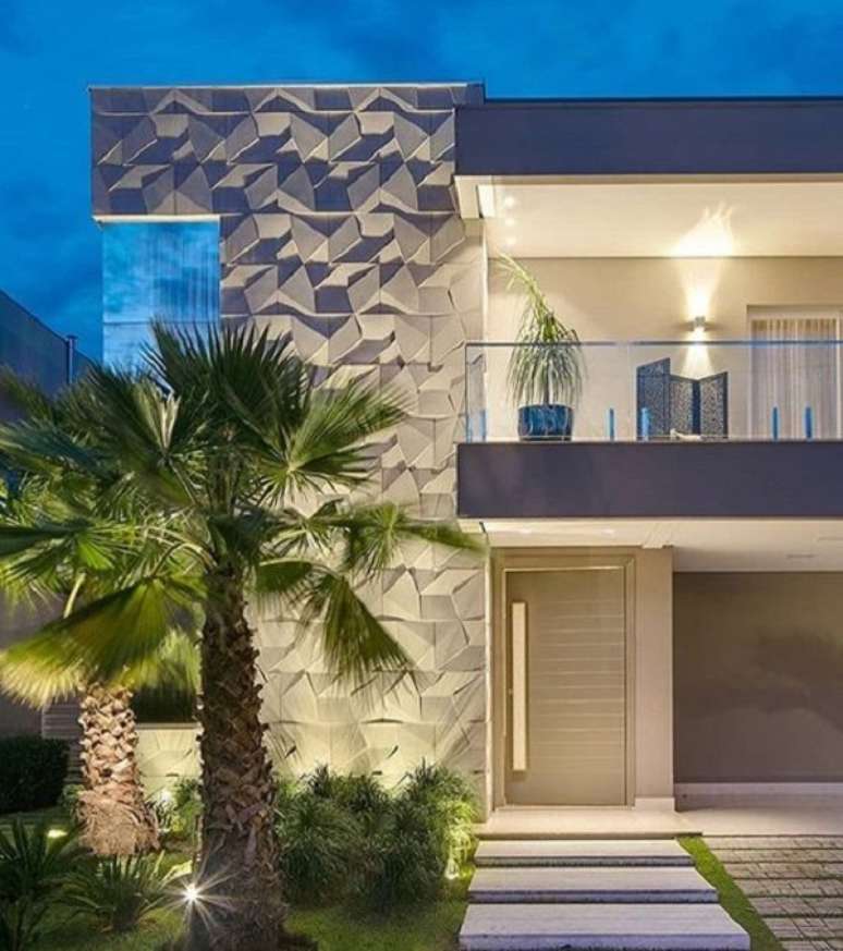 32. Elabore um projeto luminot&eacute;cnico que destaque o revestimento 3D externo da fachada. Projeto de Castelatto