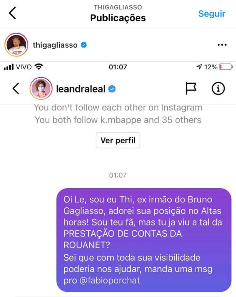 Em seu perfil no Instagram, Thiago compartilhou a mensagem com os seguidores.