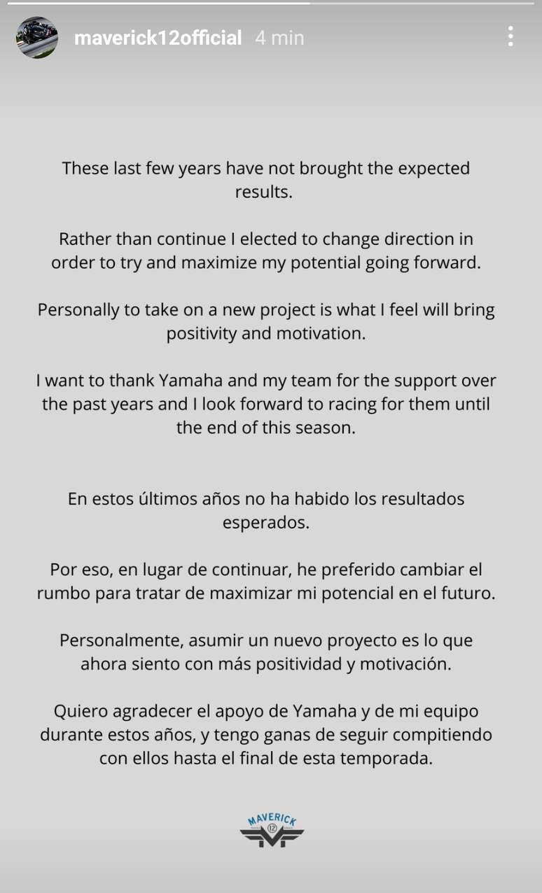 Maverick Viñales falou pela primeira vez no Instagram após anúncio da saída da Yamaha 