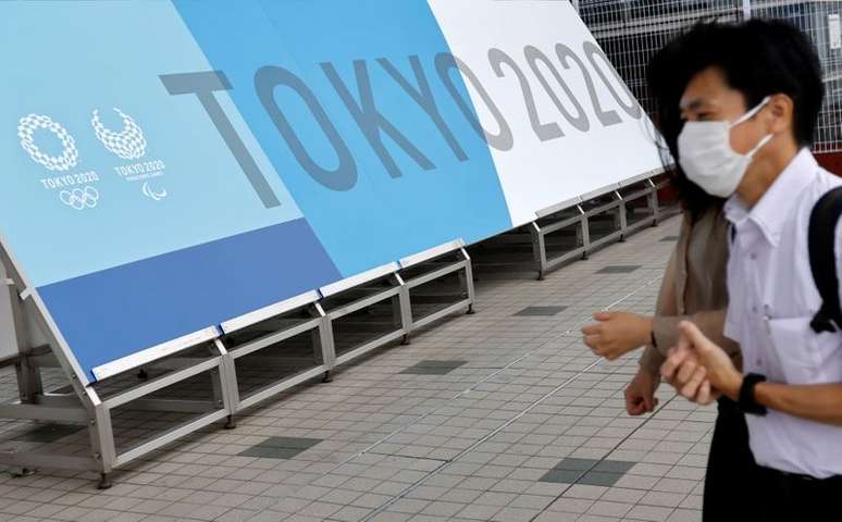 Logo dos Jogos de Tóquio no centro de imprensa da Olimpíada
30/06/2021
REUTERS/Fabrizio Bensch