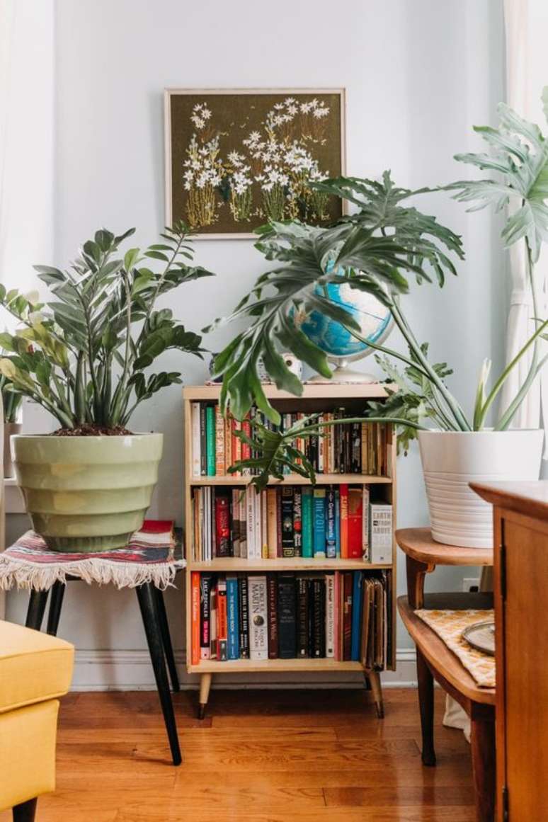 29. Mini estante para livros na sala de estar decorada com plantas – Foto Apartment therapy