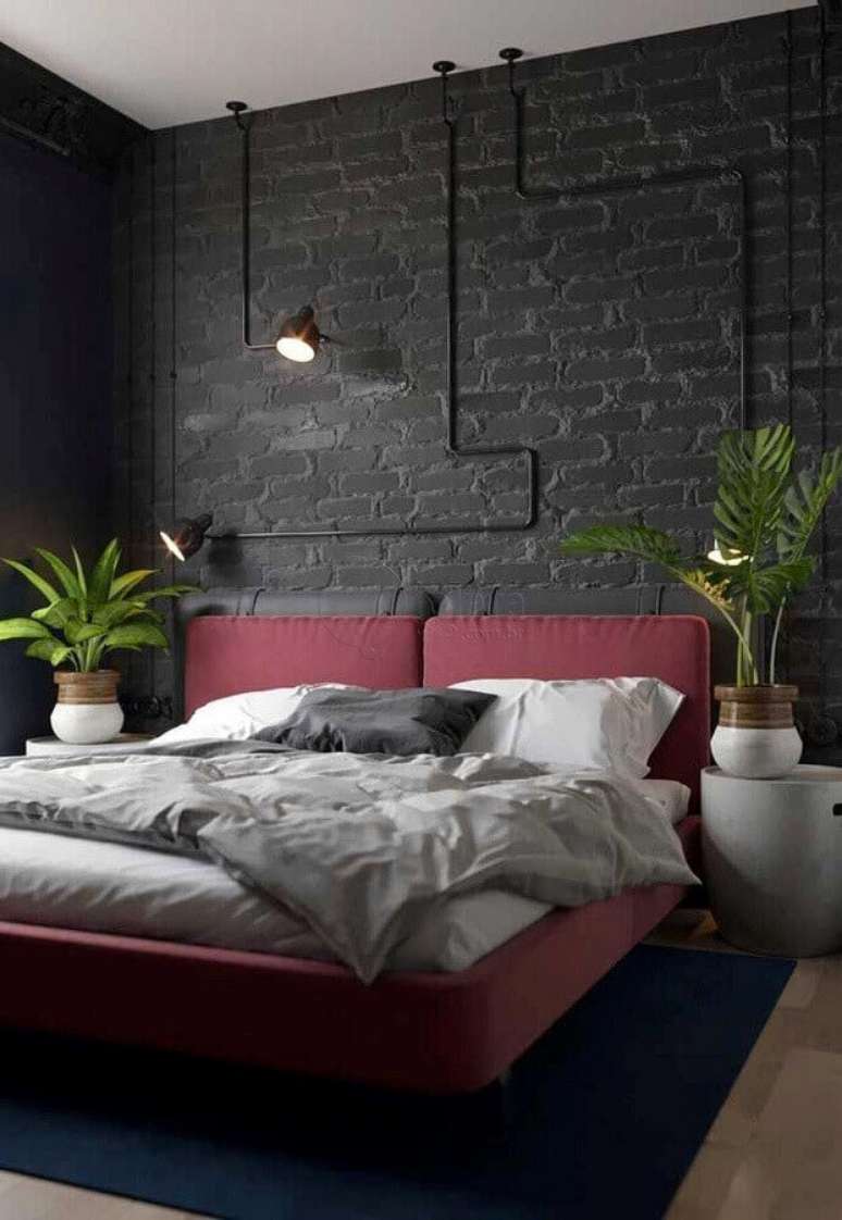 17. Decoração de quarto industrial com parede de tijolinho preto – Foto: Wood Save