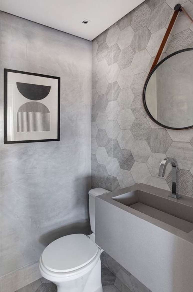 45. Banheiro com pia de granito cinza esculpida e decoração moderna – Foto Pinterest