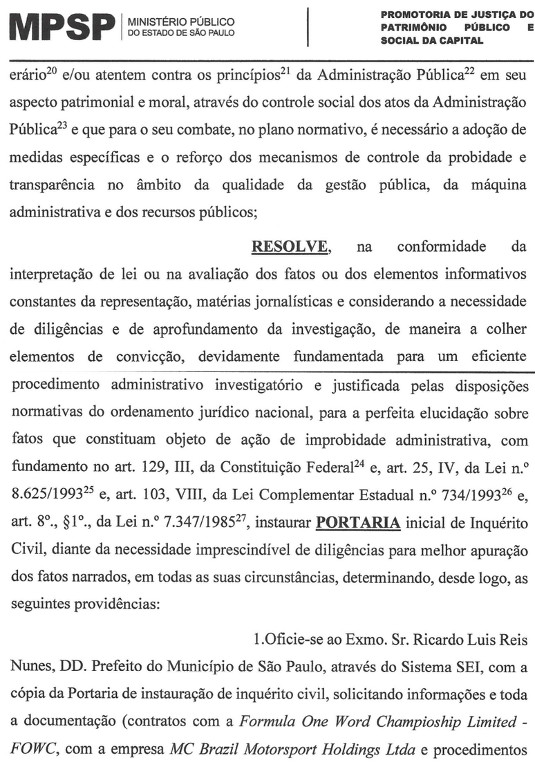 Trecho do documento que estabelece a investigação do Ministério Público de São Paulo no que diz respeito aos contratos da F1 