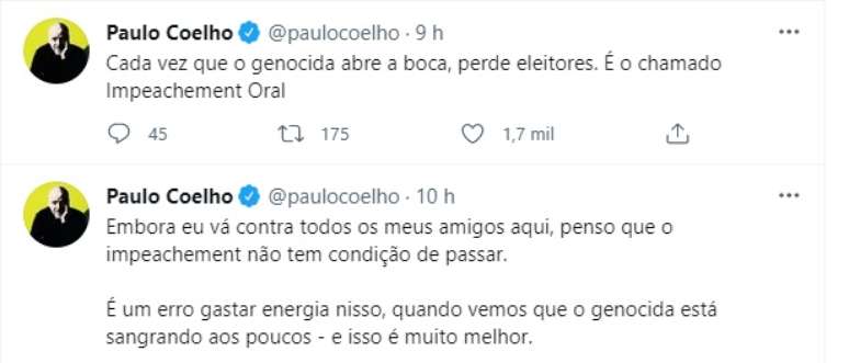 Paulo Coelho criticou Bolsonaro no Twitter