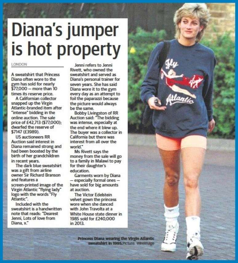Notícia sobre o moletom de ginástica usado por Diana em jornal da Austrália: pirraça contra os fotógrafos