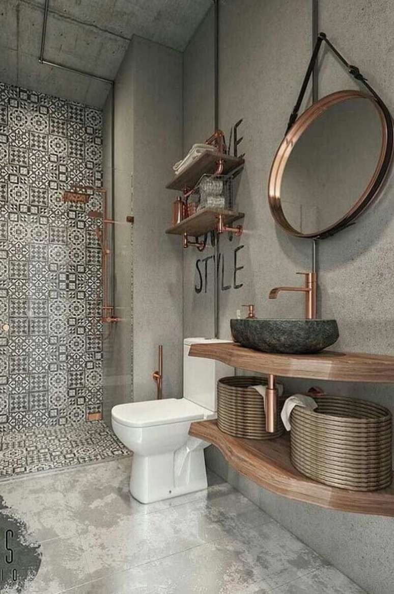 18. Ideias de espelhos para banheiro estilo industrial decorado com cuba de pedra – Foto: Architecture Art Designs